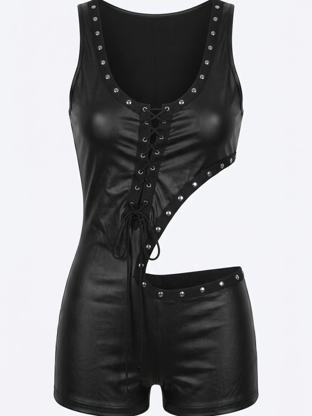 SHEIN Black Faux Leather Lace-Up Cutout Romper